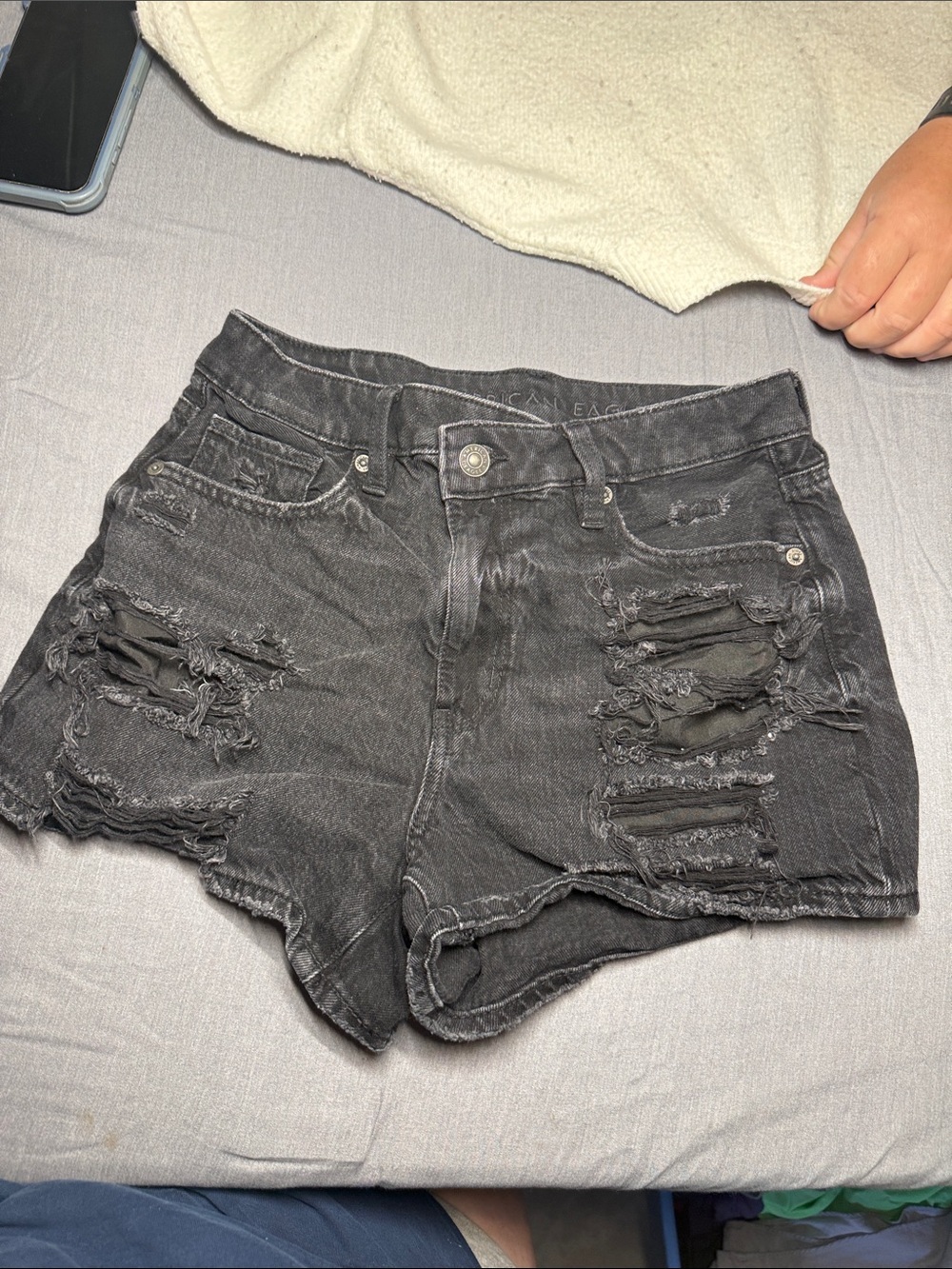 American Eagle High-Rise Black Distressed Denim Shorts
